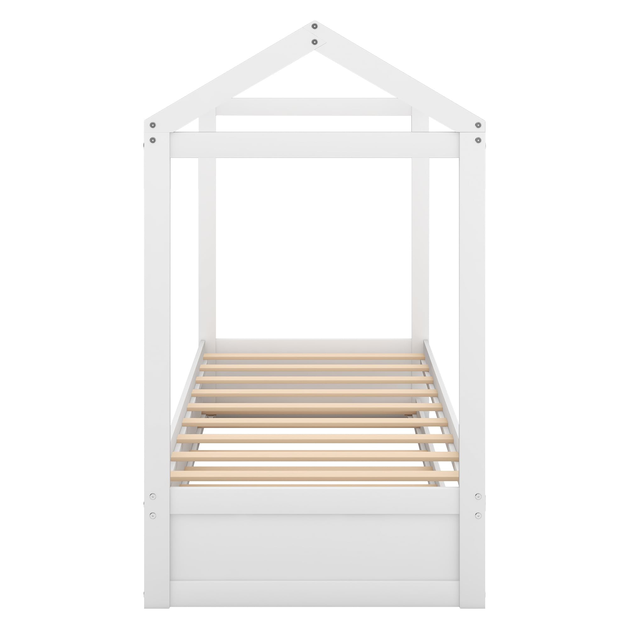 Bellemave® Twin Size House Bed with Trundle, Playhouse Bed, Wooden Montessori Beds with Roof for Kids, can be Decorated, White - Bellemave