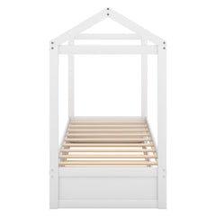 Bellemave® Twin Size House Bed with Trundle, Playhouse Bed, Wooden Montessori Beds with Roof for Kids, can be Decorated, White - Bellemave