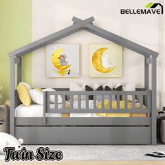 Bellemave® Twin Size House Bed with Trundle, Wooden Kids Bed with Rails and Trundle, Gray - Bellemave