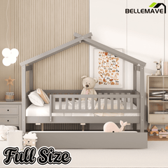 Bellemave® Twin Size House Bed with Trundle, Wooden Kids Bed with Rails and Trundle, Gray - Bellemave