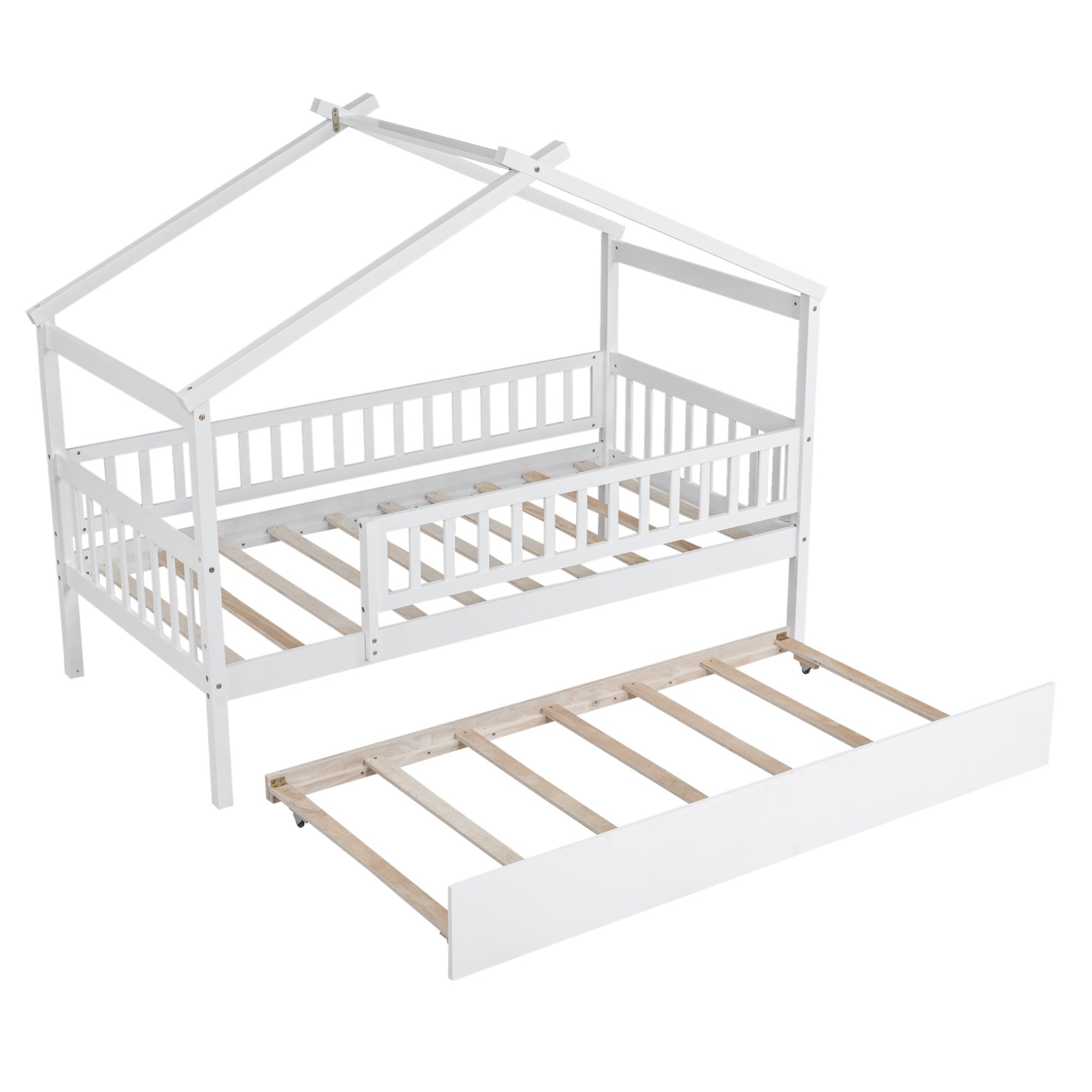 Bellemave® Twin Size House Bed with Trundle, Wooden Kids Bed with Rails and Trundle, Gray - Bellemave