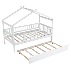 Bellemave® Twin Size House Bed with Trundle, Wooden Kids Bed with Rails and Trundle, Gray - Bellemave
