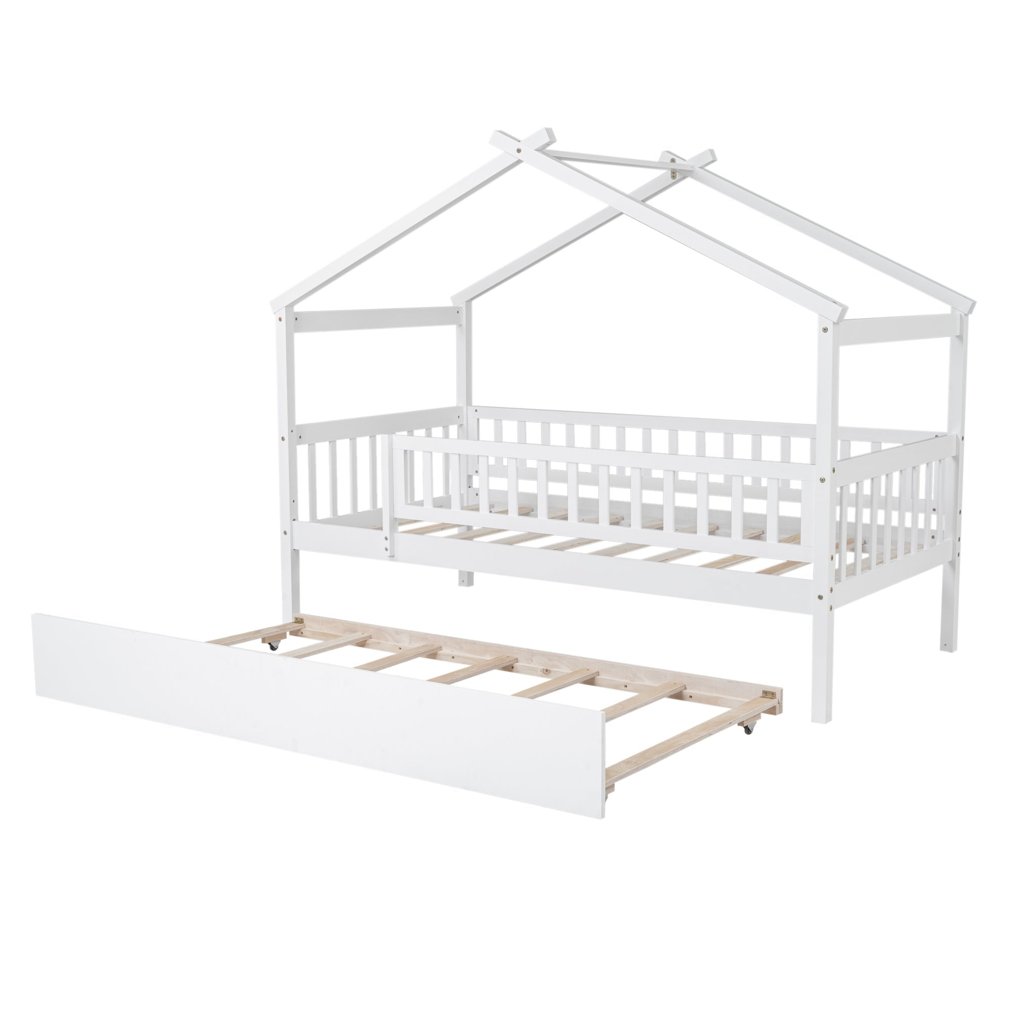 Bellemave® Twin Size House Bed with Trundle, Wooden Kids Bed with Rails and Trundle, Gray - Bellemave