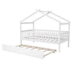 Bellemave® Twin Size House Bed with Trundle, Wooden Kids Bed with Rails and Trundle, Gray - Bellemave