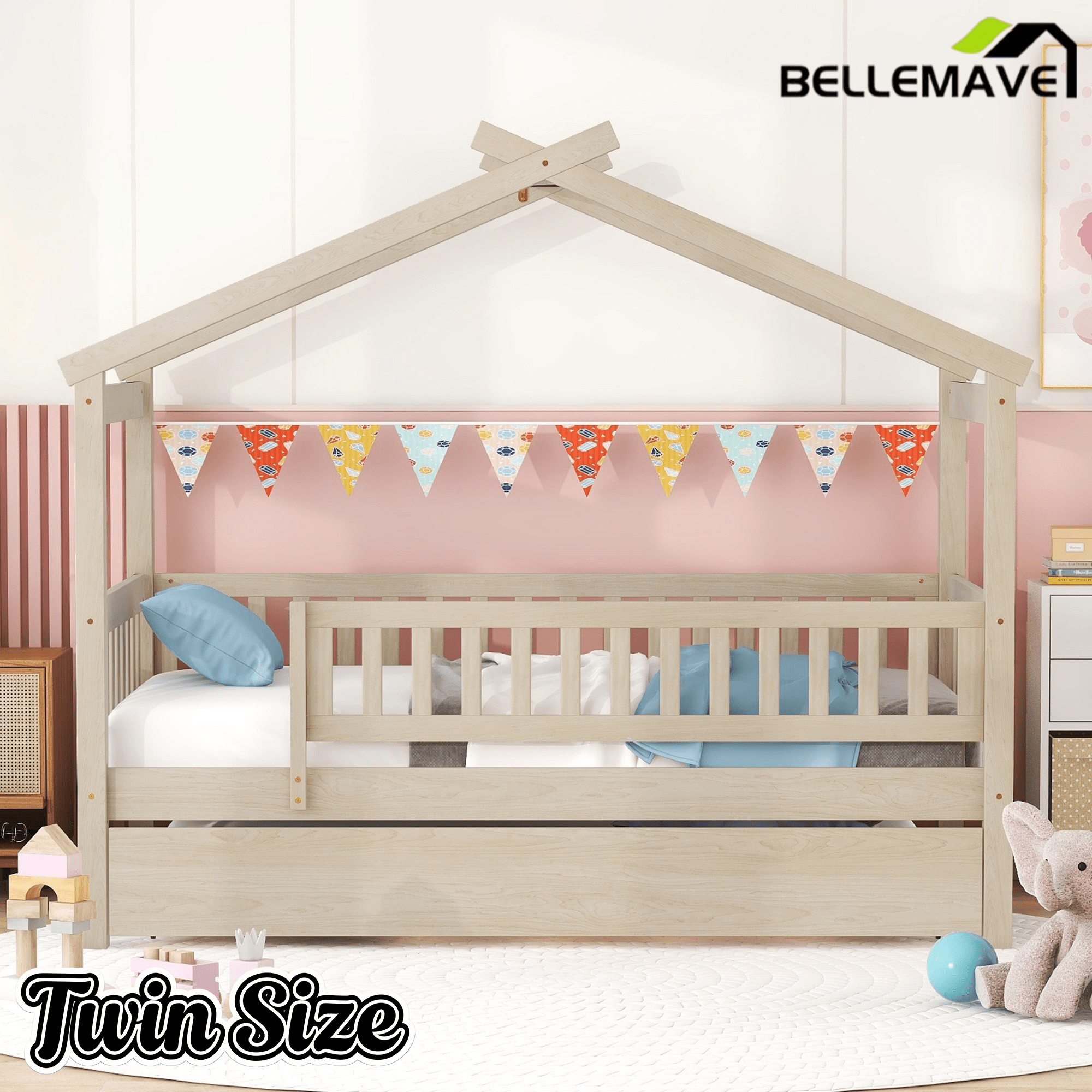 Bellemave® Twin Size House Bed with Trundle, Wooden Kids Bed with Rails and Trundle, Gray - Bellemave