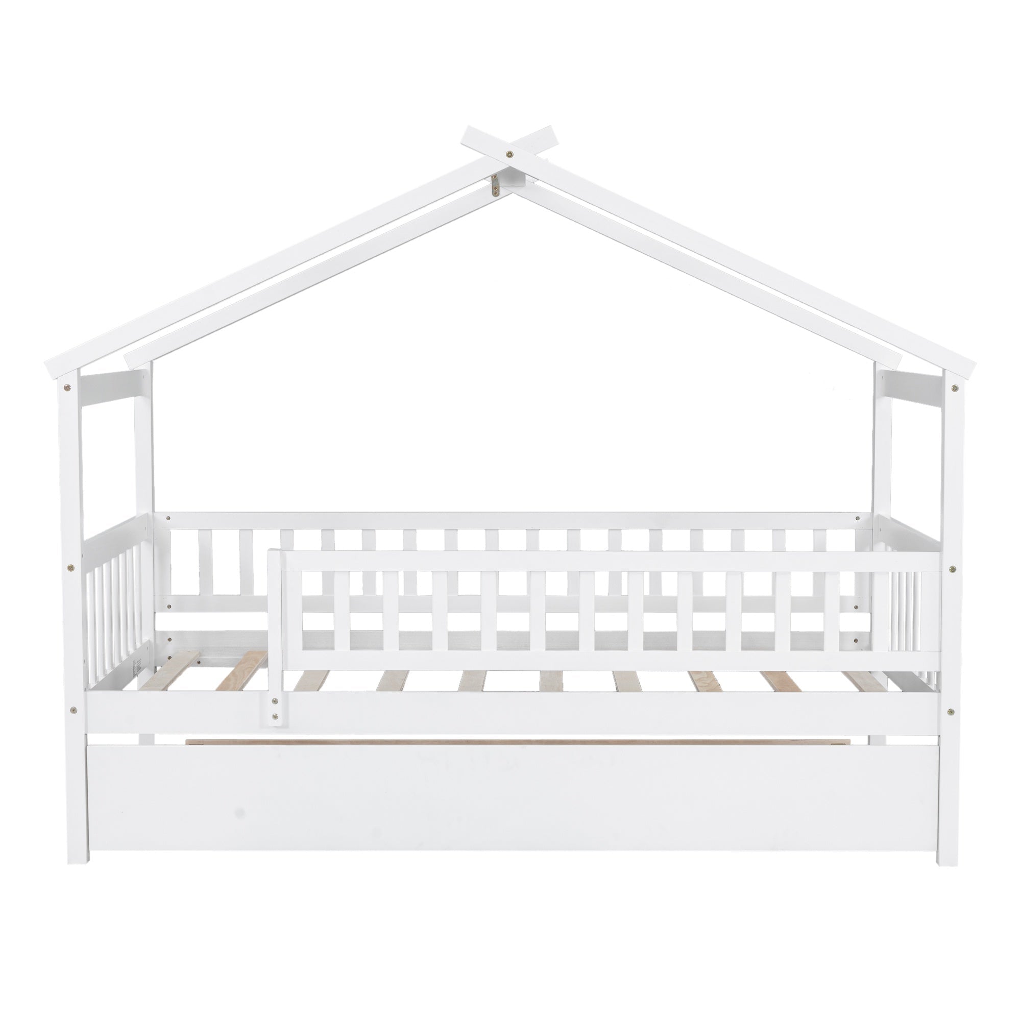 Bellemave® Twin Size House Bed with Trundle, Wooden Kids Bed with Rails and Trundle, Gray - Bellemave