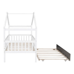 Bellemave® Twin Size House Bed with Trundle, Wooden Kids Bed with Rails and Trundle, Gray - Bellemave