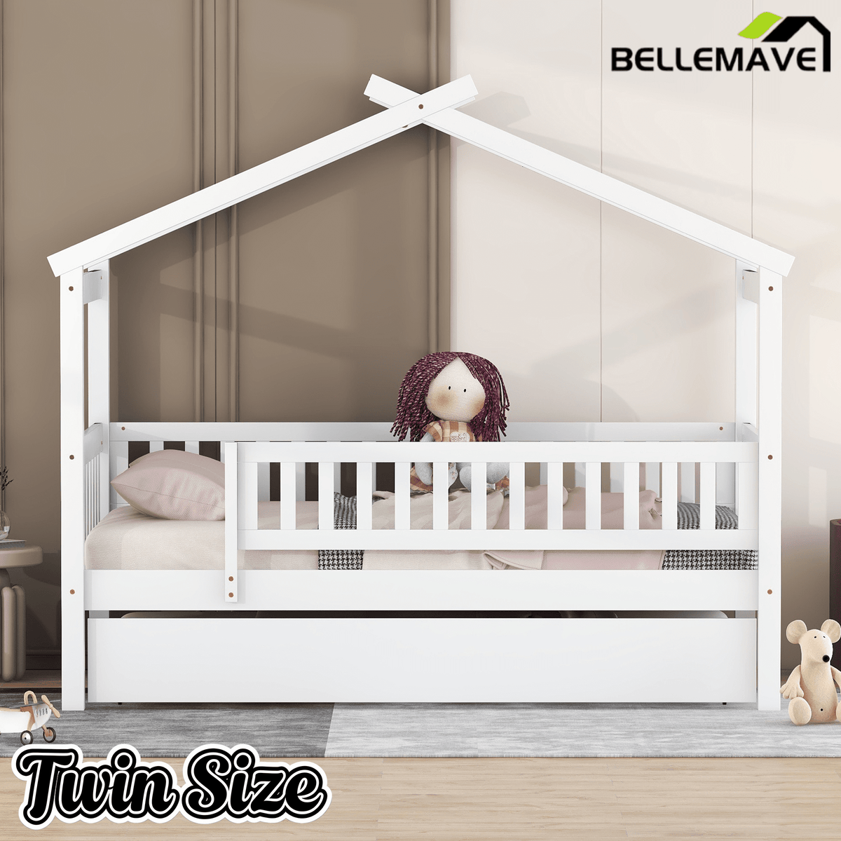 Bellemave® Twin Size House Bed with Trundle, Wooden Kids Bed with Rails and Trundle, Gray - Bellemave