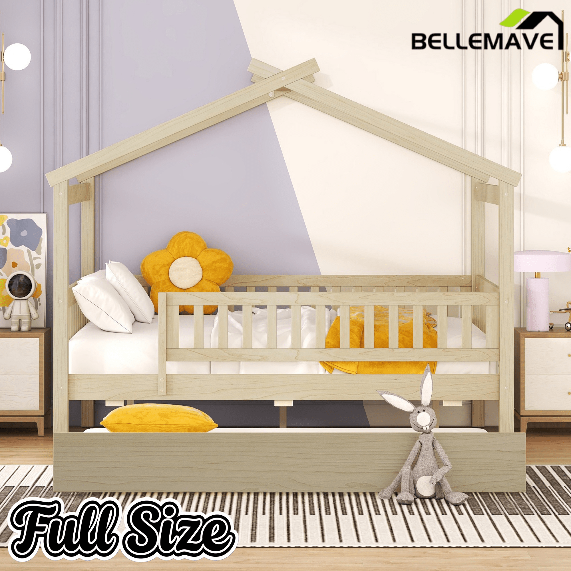 Bellemave® Twin Size House Bed with Trundle, Wooden Kids Bed with Rails and Trundle, Gray - Bellemave