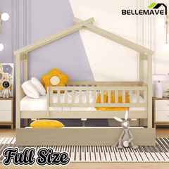 Bellemave® Twin Size House Bed with Trundle, Wooden Kids Bed with Rails and Trundle, Gray - Bellemave