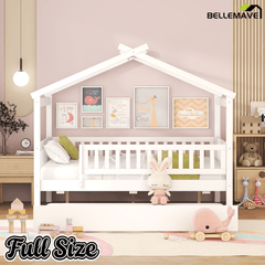 Bellemave® Twin Size House Bed with Trundle, Wooden Kids Bed with Rails and Trundle, Gray - Bellemave