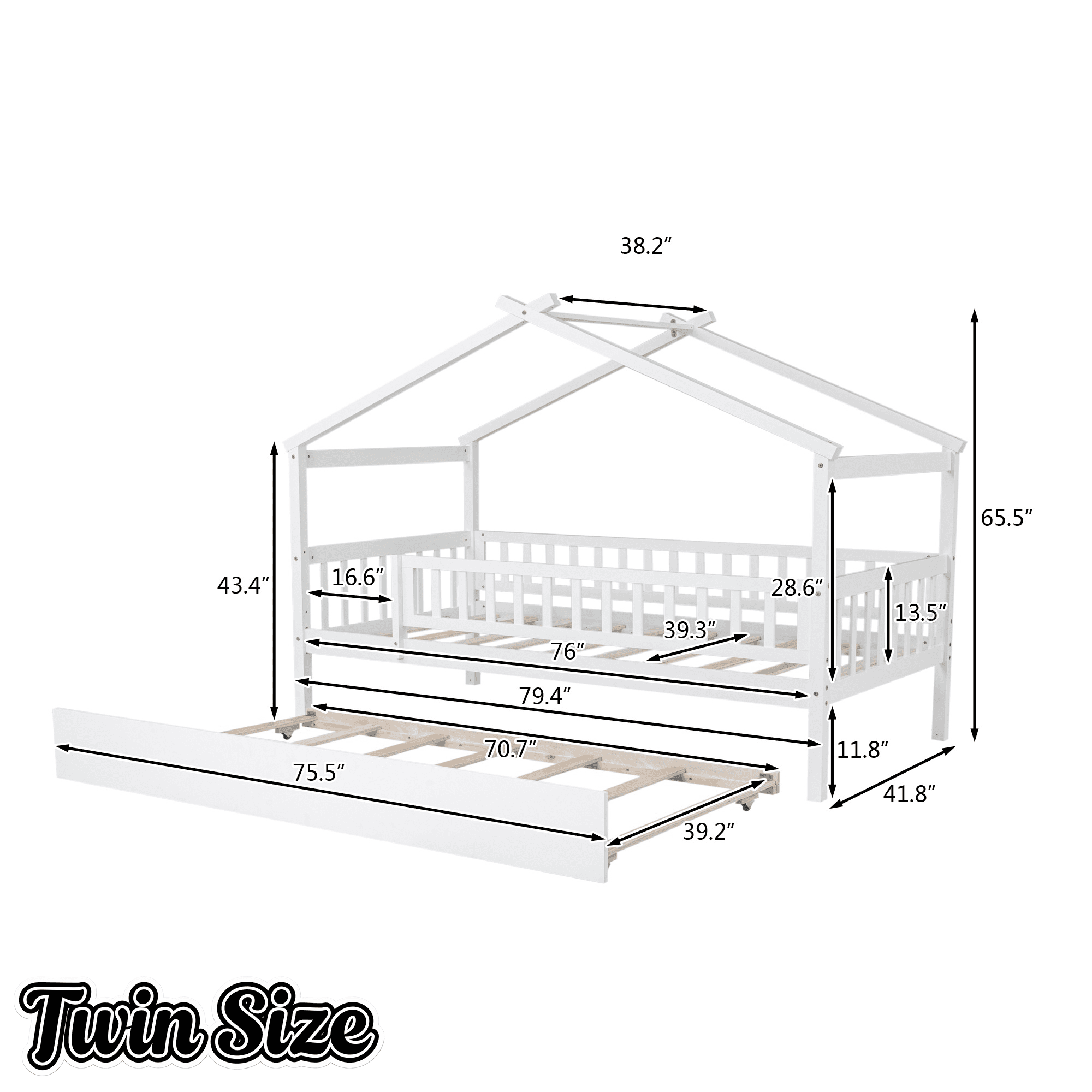 Bellemave® Twin Size House Bed with Trundle, Wooden Kids Bed with Rails and Trundle, Gray - Bellemave