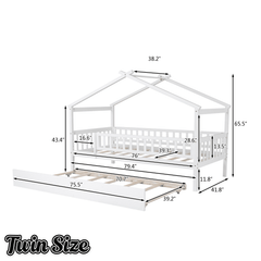 Bellemave® Twin Size House Bed with Trundle, Wooden Kids Bed with Rails and Trundle, Gray - Bellemave