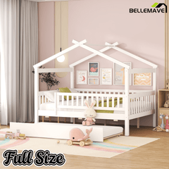 Bellemave® Twin Size House Bed with Trundle, Wooden Kids Bed with Rails and Trundle, Gray - Bellemave