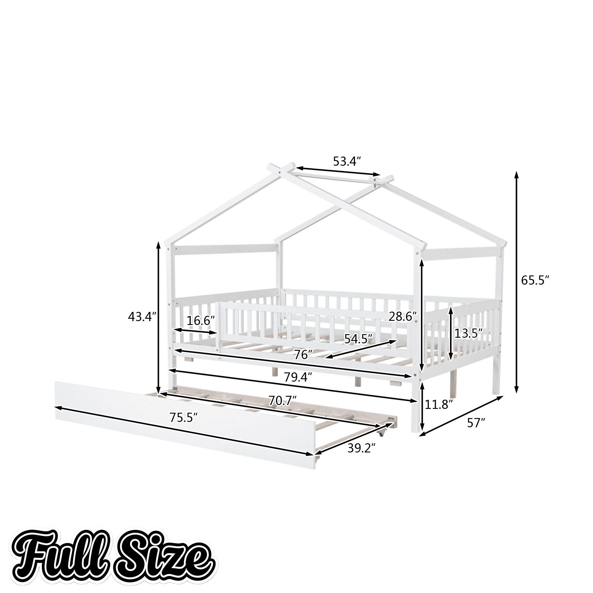 Bellemave® Twin Size House Bed with Trundle, Wooden Kids Bed with Rails and Trundle, Gray - Bellemave
