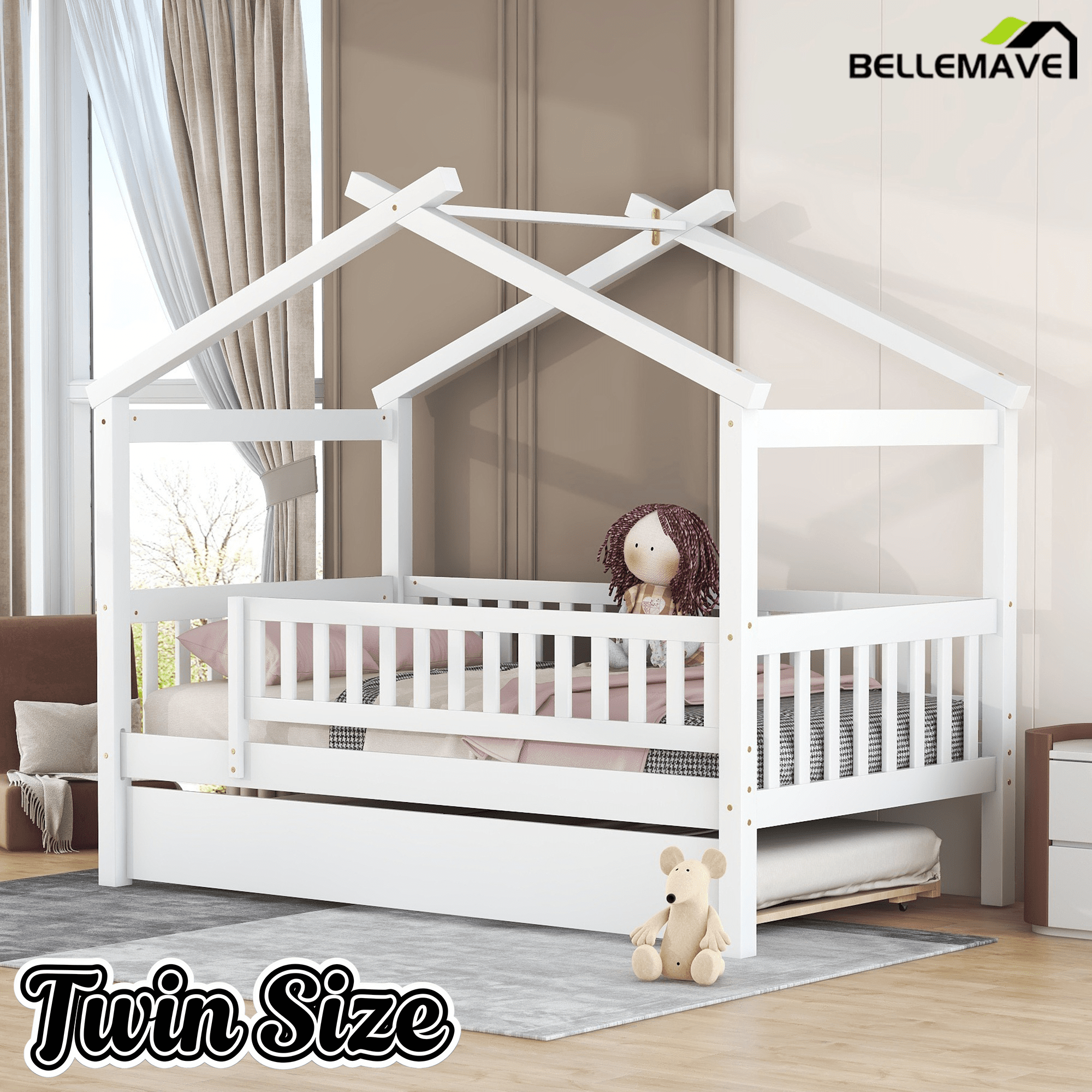 Bellemave® Twin Size House Bed with Trundle, Wooden Kids Bed with Rails and Trundle, Gray - Bellemave
