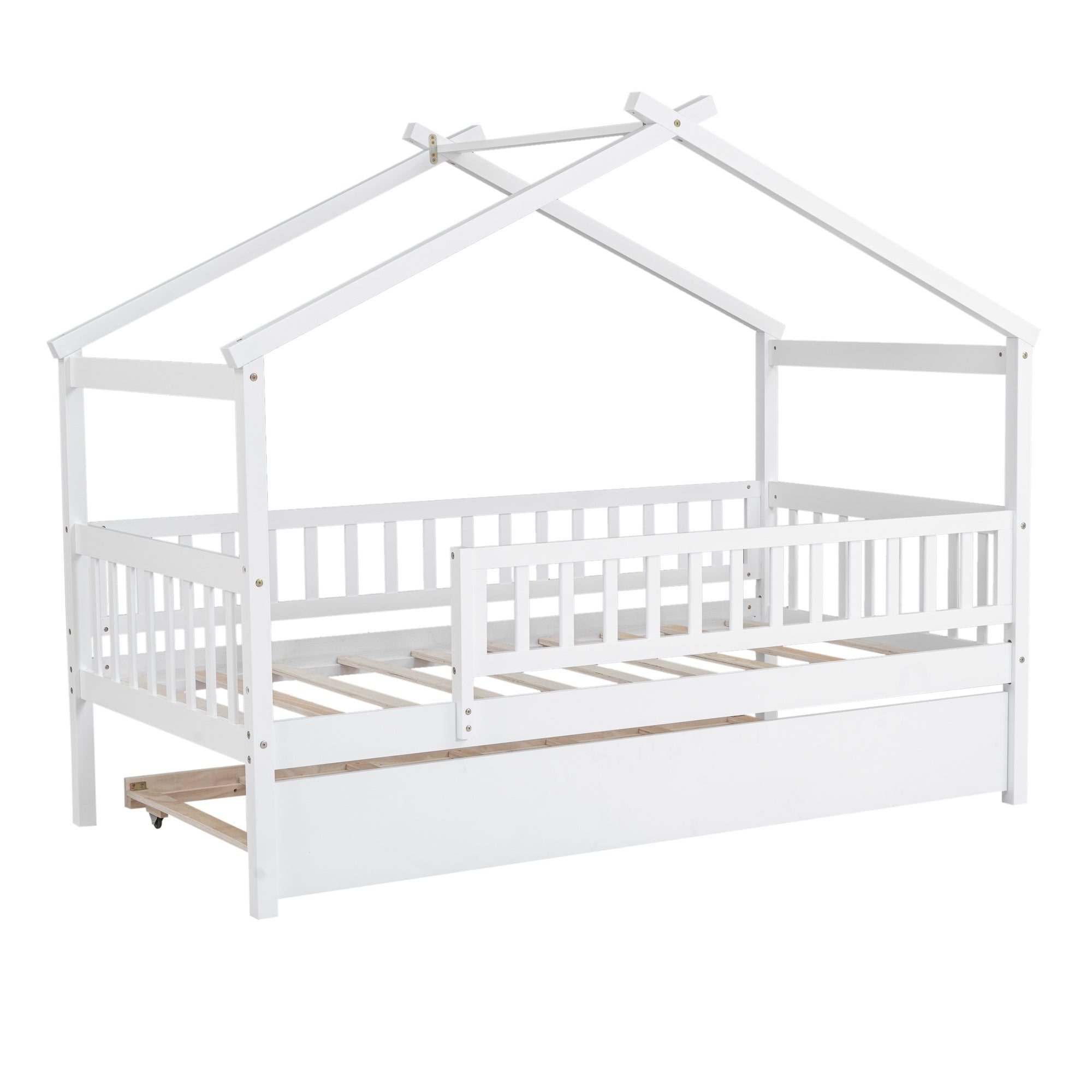 Bellemave® Twin Size House Bed with Trundle, Wooden Kids Bed with Rails and Trundle, Gray - Bellemave