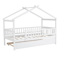 Bellemave® Twin Size House Bed with Trundle, Wooden Kids Bed with Rails and Trundle, Gray - Bellemave