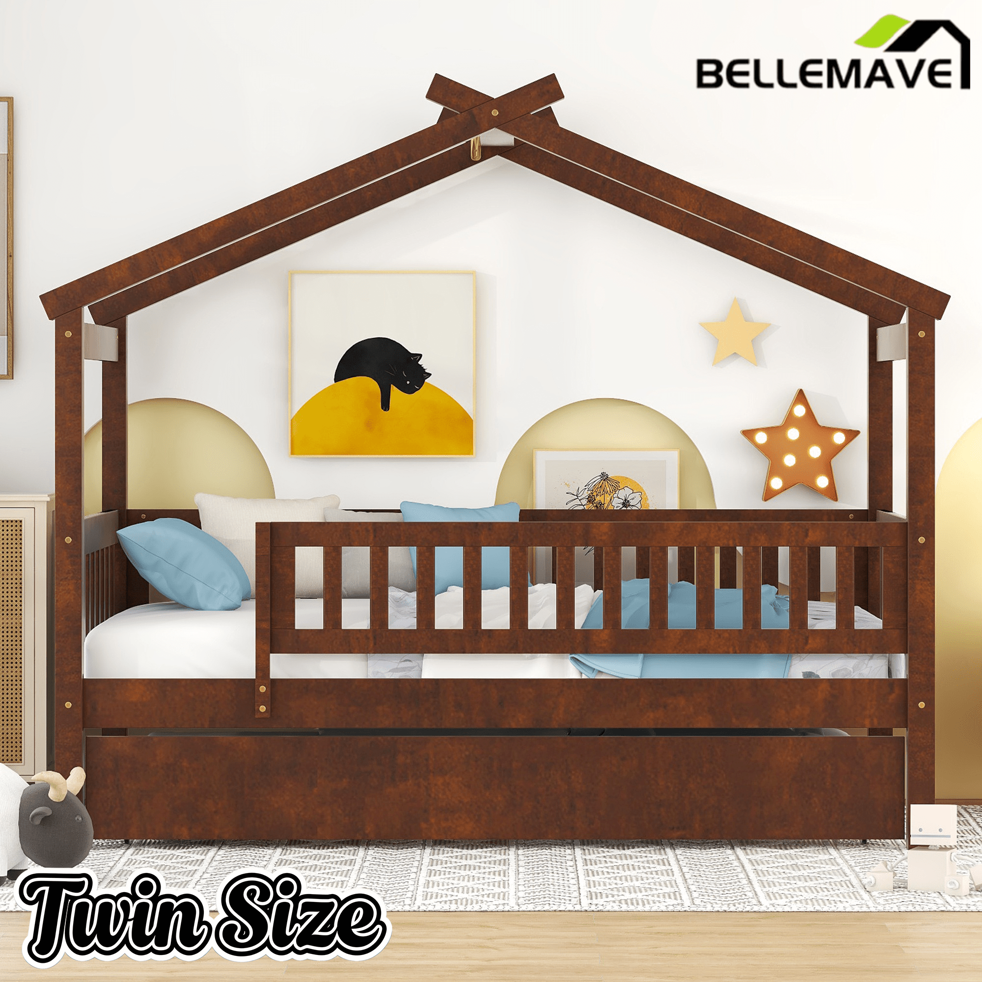Bellemave® Twin Size House Bed with Trundle, Wooden Kids Bed with Rails and Trundle, Gray - Bellemave