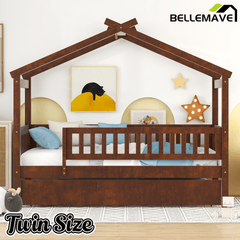 Bellemave® Twin Size House Bed with Trundle, Wooden Kids Bed with Rails and Trundle, Gray - Bellemave