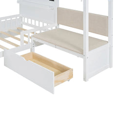 Bellemave® Twin Size House Bed with Upholstered Sofa, House Bed with Charging Station, Wireless Charging, Shelves and 2 Drawers - Bellemave