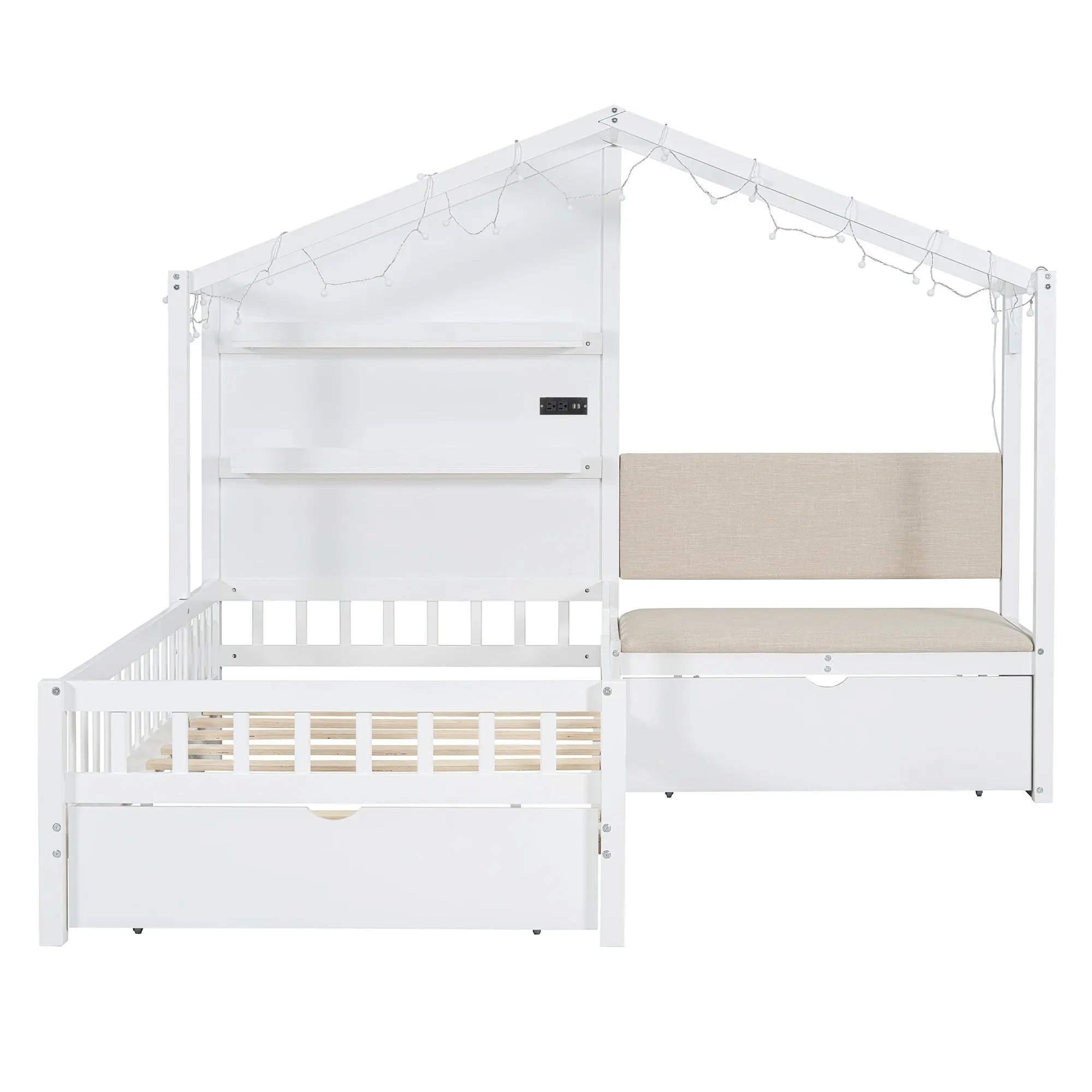 Bellemave® Twin Size House Bed with Upholstered Sofa, House Bed with Charging Station, Wireless Charging, Shelves and 2 Drawers - Bellemave