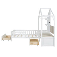Bellemave® Twin Size House Bed with Upholstered Sofa, House Bed with Charging Station, Wireless Charging, Shelves and 2 Drawers - Bellemave