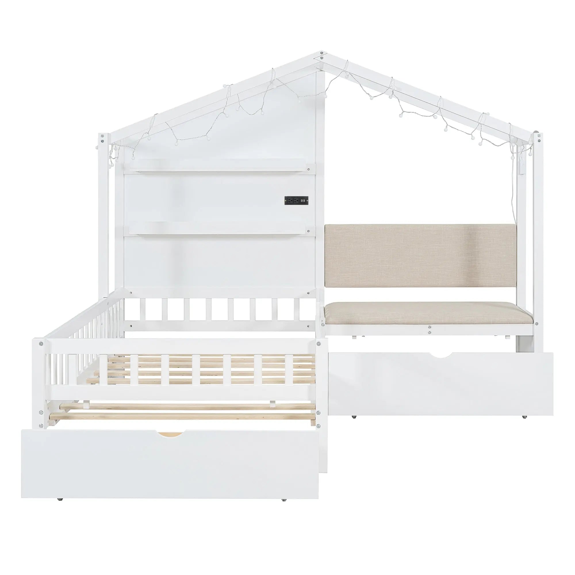 Bellemave® Twin Size House Bed with Upholstered Sofa, House Bed with Charging Station, Wireless Charging, Shelves and 2 Drawers - Bellemave