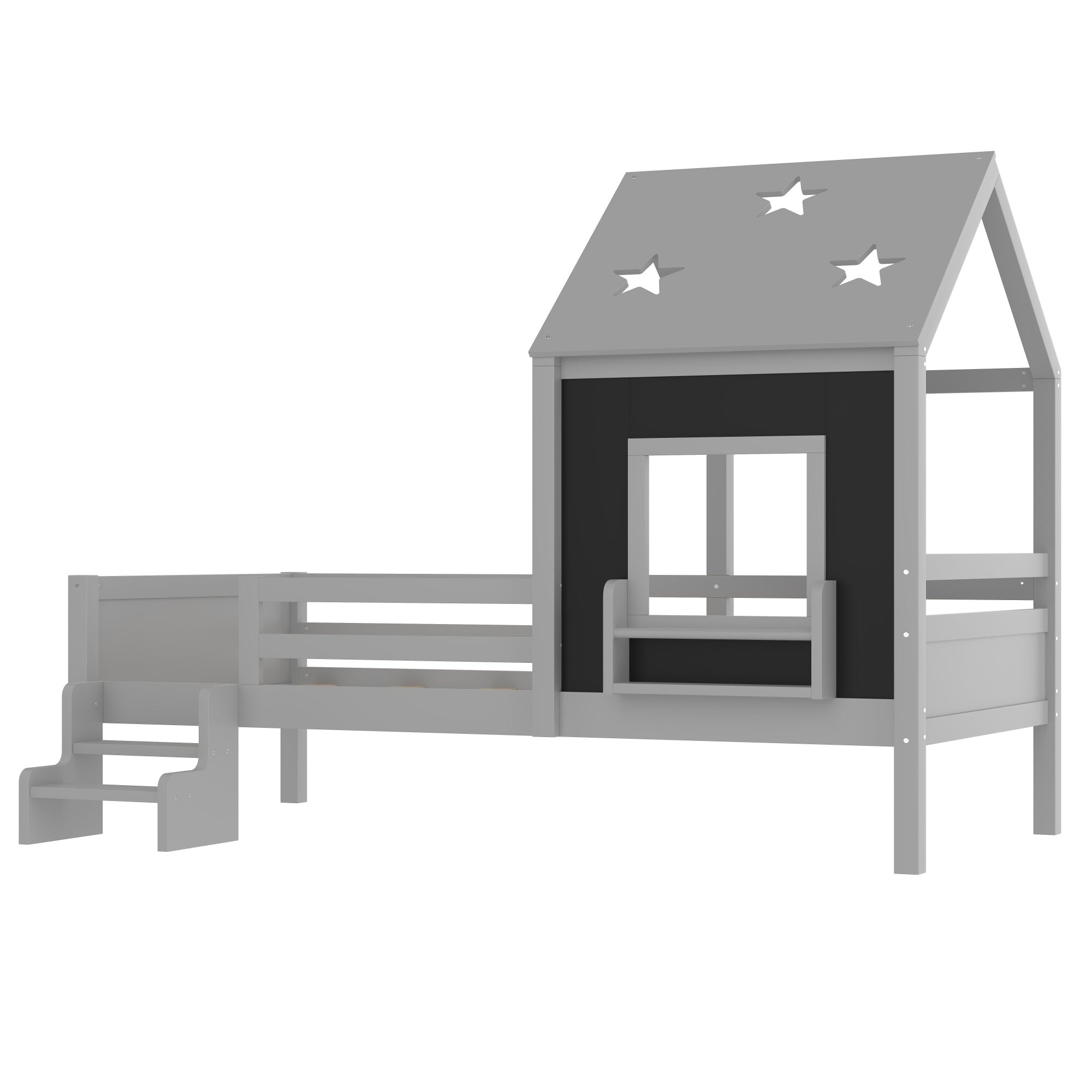 Bellemave® Twin Size House Beds with Stairs, Bookshelf and Blackboard, Kids Twin Platform Bed Frame with Fences and Star - Shape Roof, Grey - Bellemave