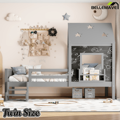 Bellemave® Twin Size House Beds with Stairs, Bookshelf and Blackboard, Kids Twin Platform Bed Frame with Fences and Star - Shape Roof, Grey - Bellemave