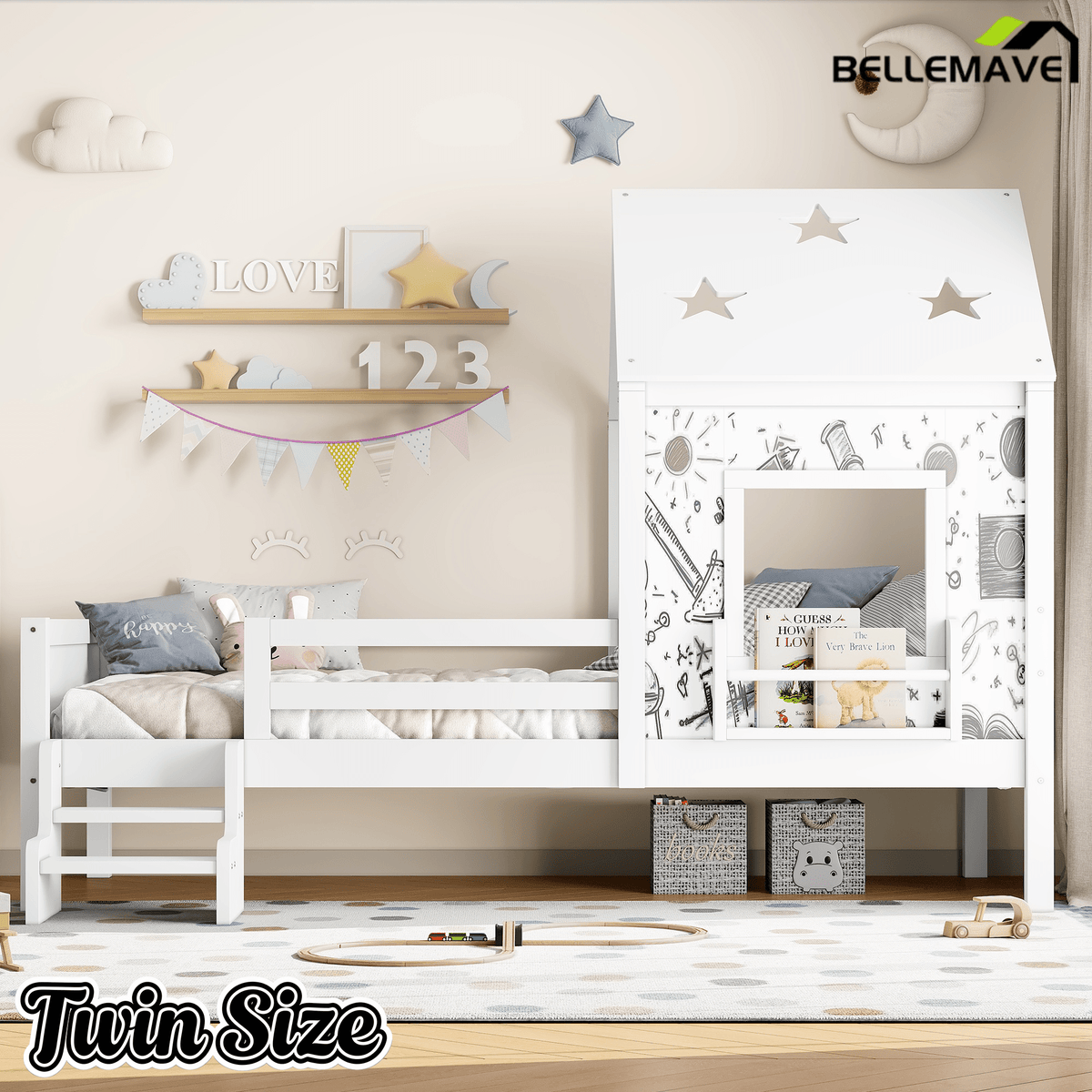Bellemave® Twin Size House Beds with Stairs, Bookshelf and Blackboard, Kids Twin Platform Bed Frame with Fences and Star - Shape Roof, Grey - Bellemave