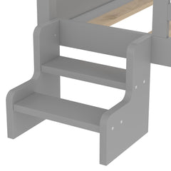 Bellemave® Twin Size House Beds with Stairs, Bookshelf and Blackboard, Kids Twin Platform Bed Frame with Fences and Star - Shape Roof, Grey - Bellemave