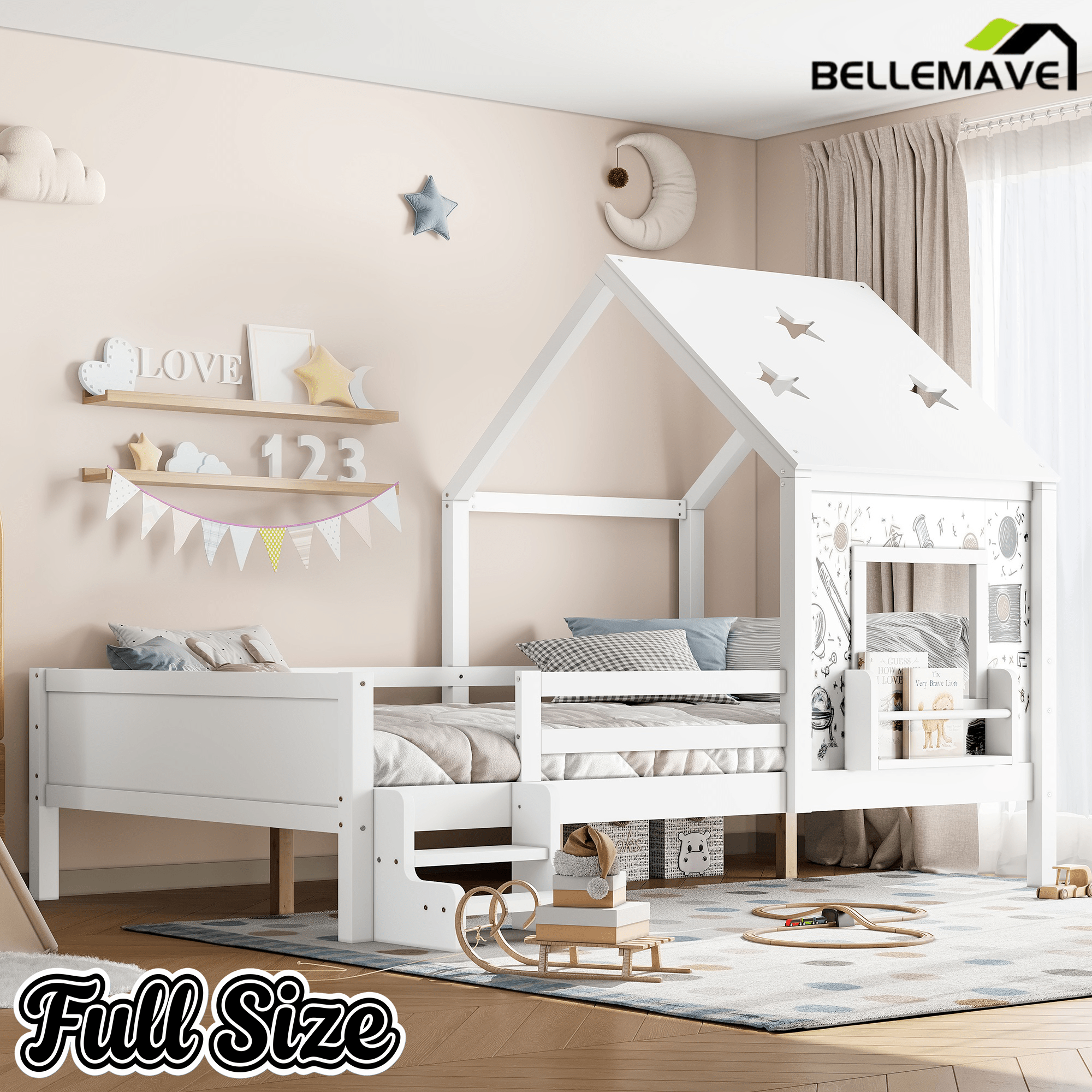 Bellemave® Twin Size House Beds with Stairs, Bookshelf and Blackboard, Kids Twin Platform Bed Frame with Fences and Star - Shape Roof, Grey - Bellemave
