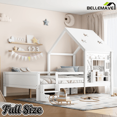 Bellemave® Twin Size House Beds with Stairs, Bookshelf and Blackboard, Kids Twin Platform Bed Frame with Fences and Star - Shape Roof, Grey - Bellemave