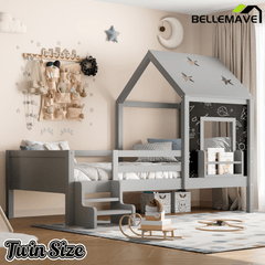 Bellemave® Twin Size House Beds with Stairs, Bookshelf and Blackboard, Kids Twin Platform Bed Frame with Fences and Star - Shape Roof, Grey - Bellemave
