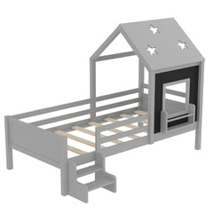 Bellemave® Twin Size House Beds with Stairs, Bookshelf and Blackboard, Kids Twin Platform Bed Frame with Fences and Star - Shape Roof, Grey - Bellemave