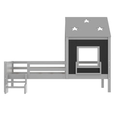 Bellemave® Twin Size House Beds with Stairs, Bookshelf and Blackboard, Kids Twin Platform Bed Frame with Fences and Star - Shape Roof, Grey - Bellemave
