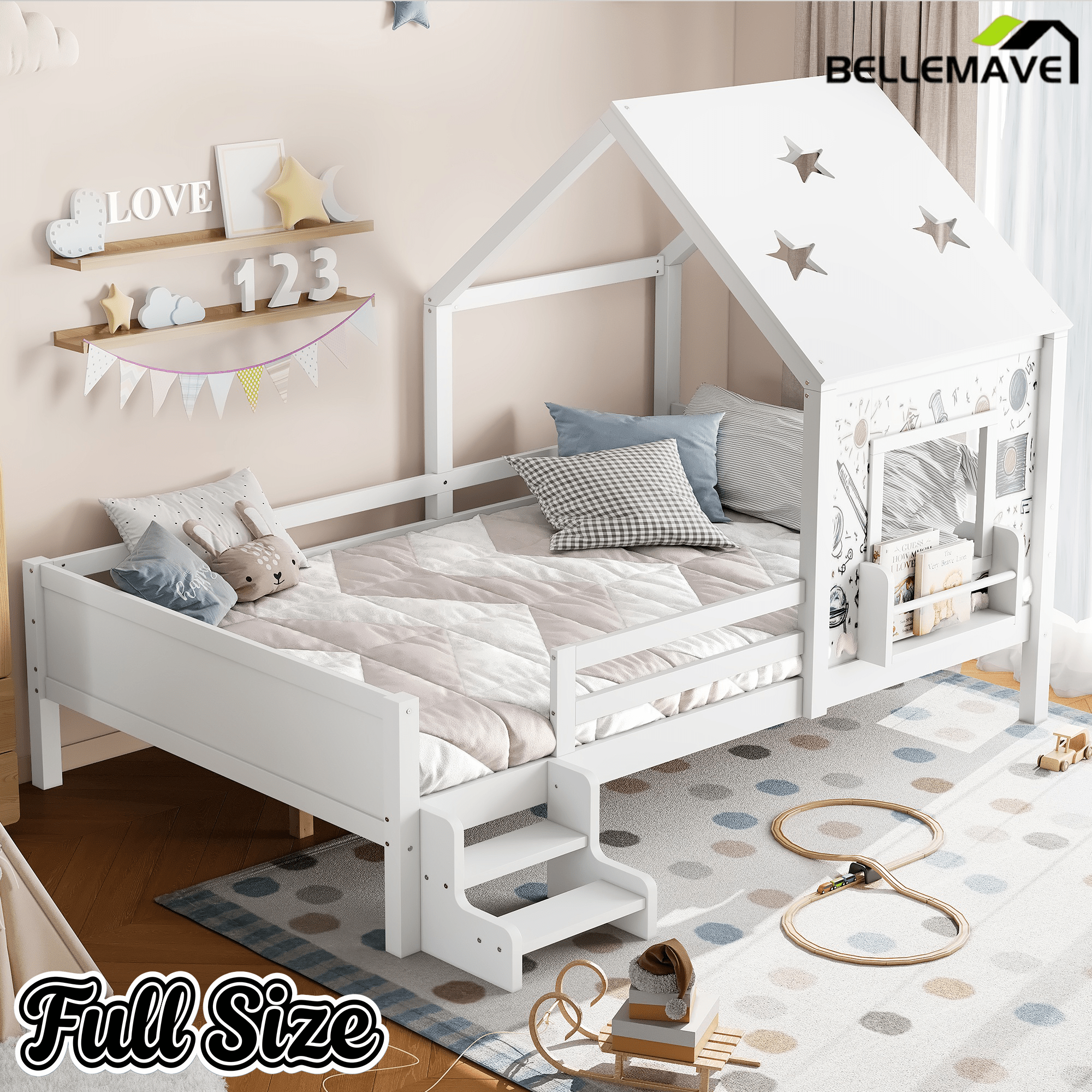 Bellemave® Twin Size House Beds with Stairs, Bookshelf and Blackboard, Kids Twin Platform Bed Frame with Fences and Star - Shape Roof, Grey - Bellemave