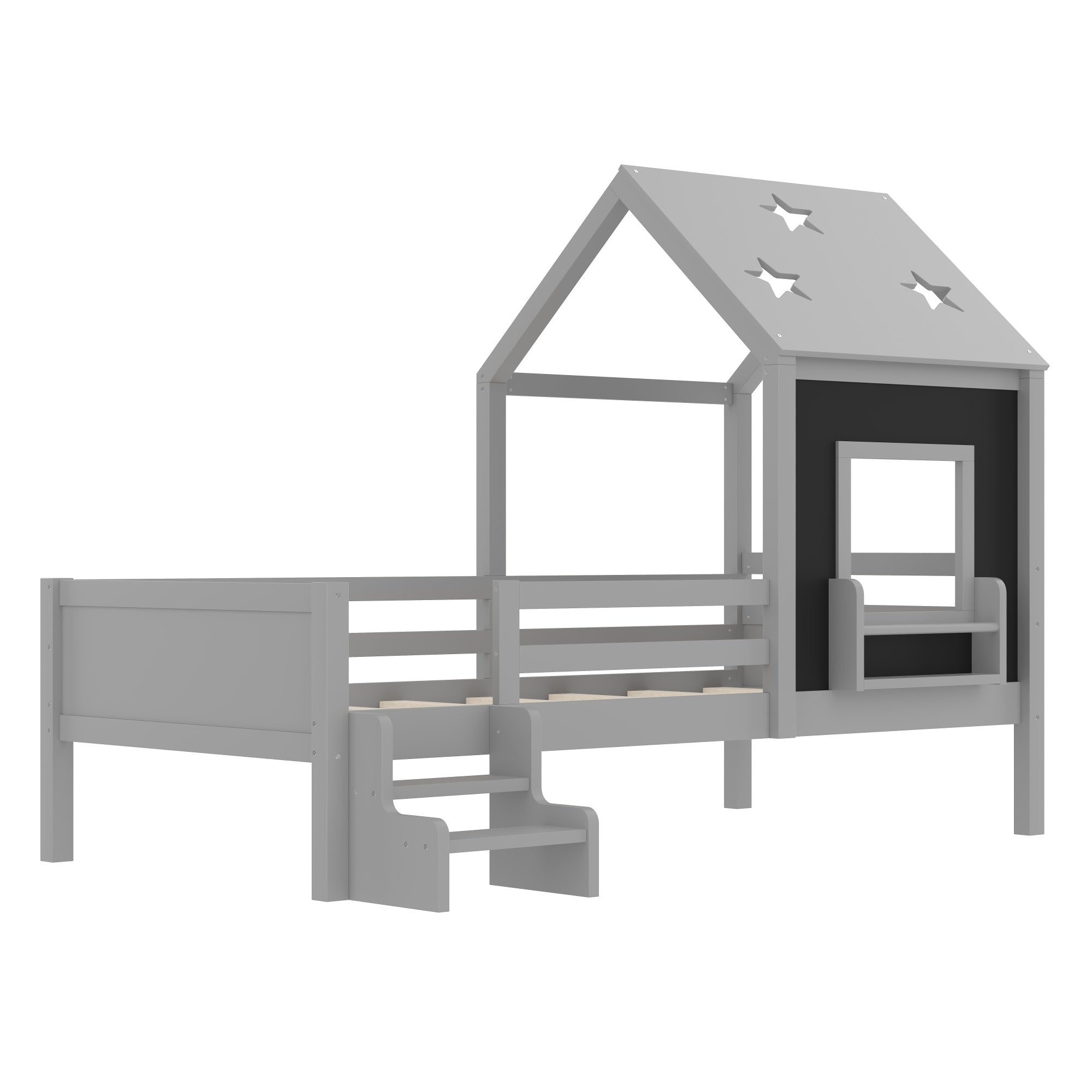 Bellemave® Twin Size House Beds with Stairs, Bookshelf and Blackboard, Kids Twin Platform Bed Frame with Fences and Star - Shape Roof, Grey - Bellemave