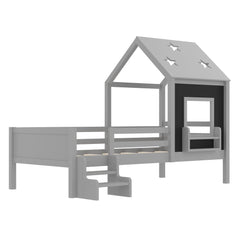 Bellemave® Twin Size House Beds with Stairs, Bookshelf and Blackboard, Kids Twin Platform Bed Frame with Fences and Star - Shape Roof, Grey - Bellemave