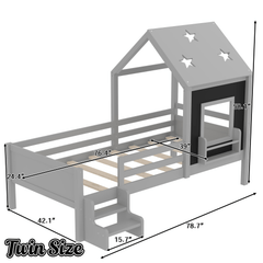 Bellemave® Twin Size House Beds with Stairs, Bookshelf and Blackboard, Kids Twin Platform Bed Frame with Fences and Star - Shape Roof, Grey - Bellemave
