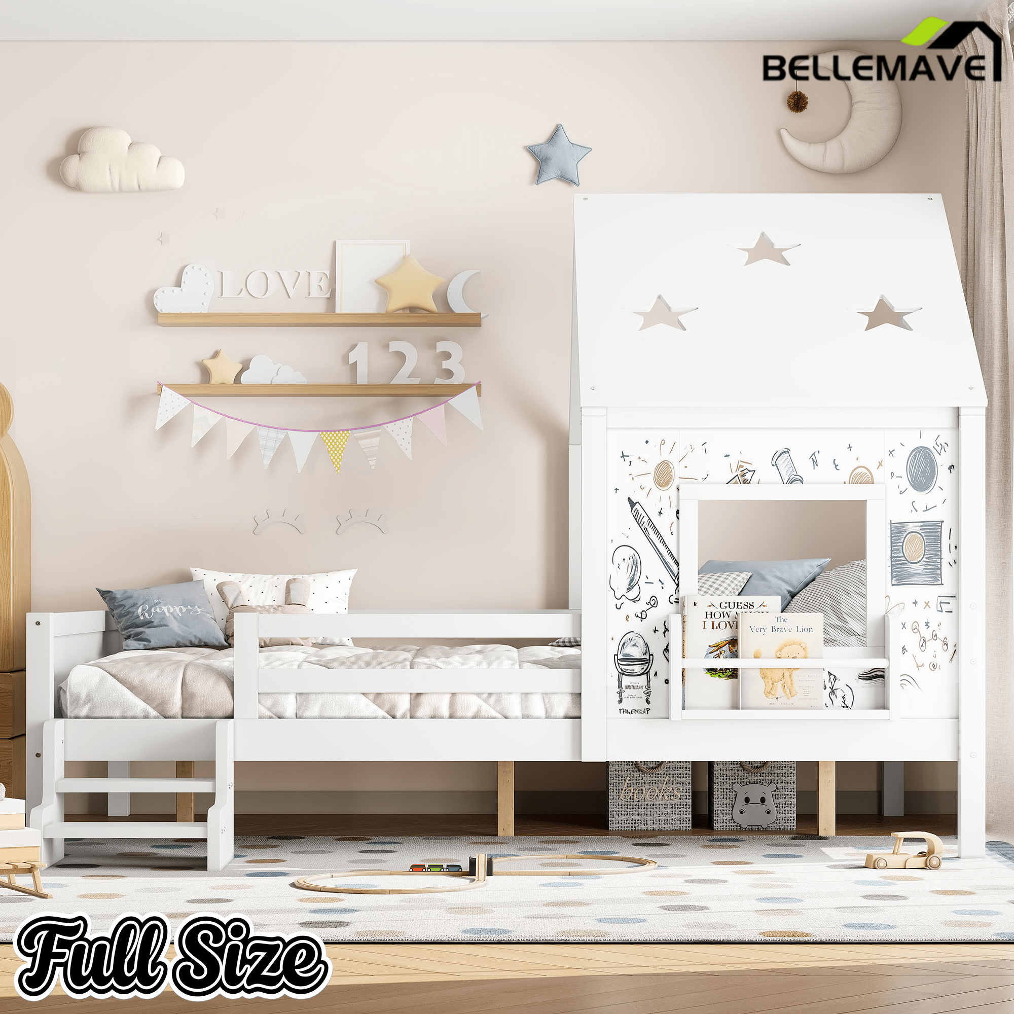 Bellemave® Twin Size House Beds with Stairs, Bookshelf and Blackboard, Kids Twin Platform Bed Frame with Fences and Star - Shape Roof, Grey - Bellemave
