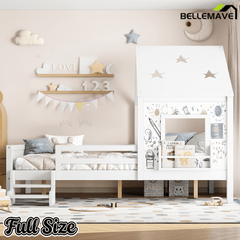Bellemave® Twin Size House Beds with Stairs, Bookshelf and Blackboard, Kids Twin Platform Bed Frame with Fences and Star - Shape Roof, Grey - Bellemave