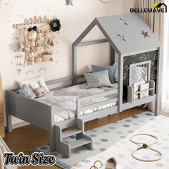 Bellemave® Twin Size House Beds with Stairs, Bookshelf and Blackboard, Kids Twin Platform Bed Frame with Fences and Star - Shape Roof, Grey - Bellemave