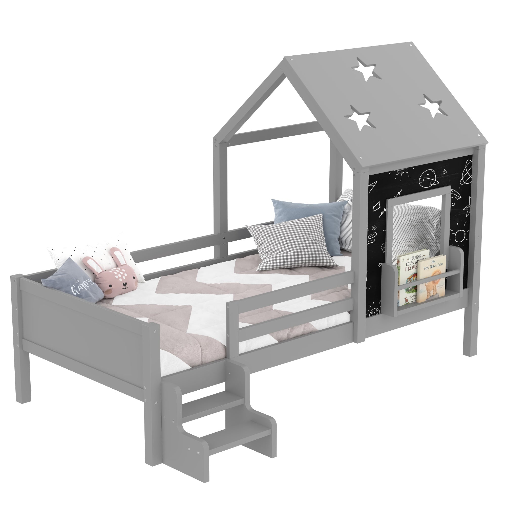 Bellemave® Twin Size House Beds with Stairs, Bookshelf and Blackboard, Kids Twin Platform Bed Frame with Fences and Star - Shape Roof, Grey - Bellemave