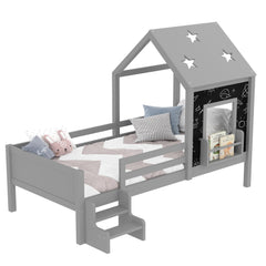 Bellemave® Twin Size House Beds with Stairs, Bookshelf and Blackboard, Kids Twin Platform Bed Frame with Fences and Star - Shape Roof, Grey - Bellemave