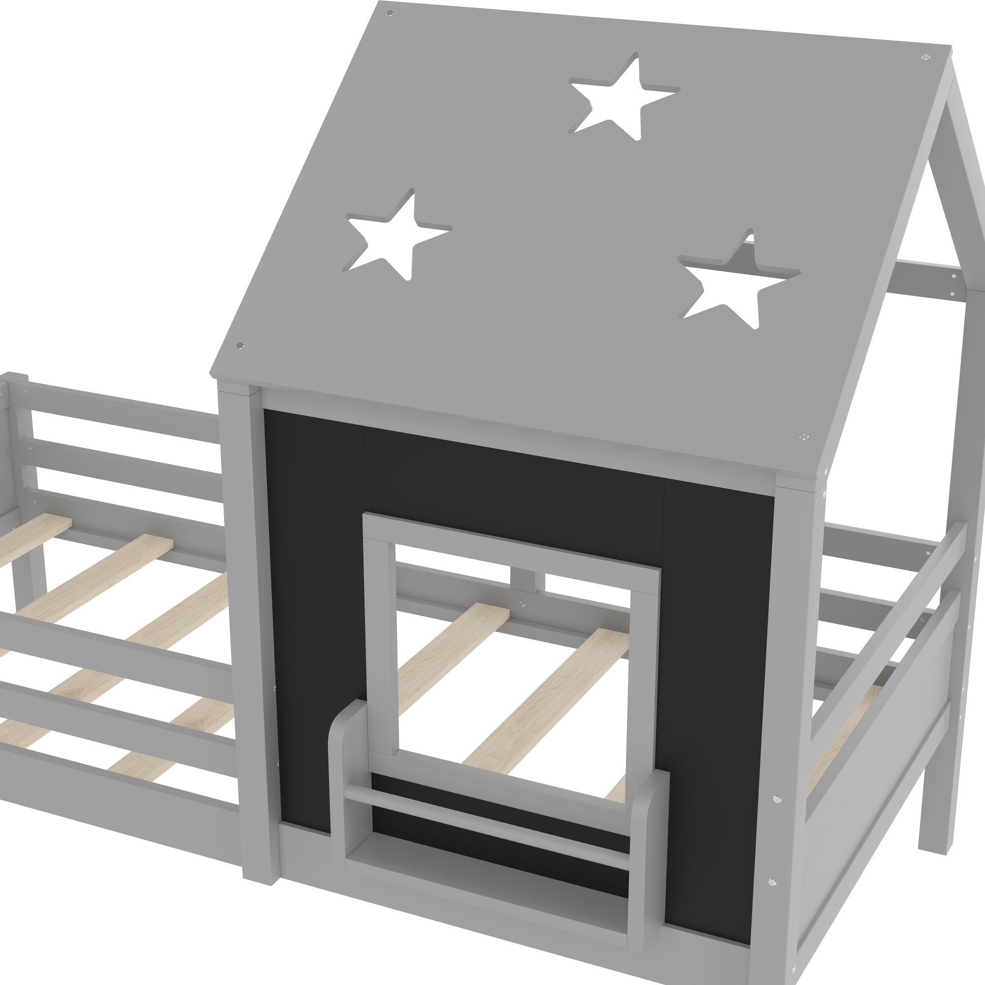 Bellemave® Twin Size House Beds with Stairs, Bookshelf and Blackboard, Kids Twin Platform Bed Frame with Fences and Star - Shape Roof, Grey - Bellemave