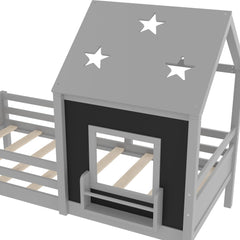 Bellemave® Twin Size House Beds with Stairs, Bookshelf and Blackboard, Kids Twin Platform Bed Frame with Fences and Star - Shape Roof, Grey - Bellemave