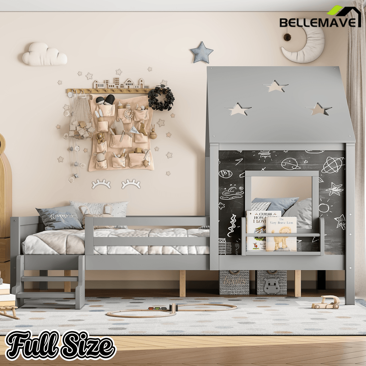 Bellemave® Twin Size House Beds with Stairs, Bookshelf and Blackboard, Kids Twin Platform Bed Frame with Fences and Star - Shape Roof, Grey - Bellemave