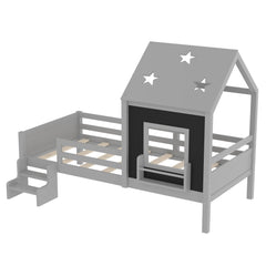 Bellemave® Twin Size House Beds with Stairs, Bookshelf and Blackboard, Kids Twin Platform Bed Frame with Fences and Star - Shape Roof, Grey - Bellemave